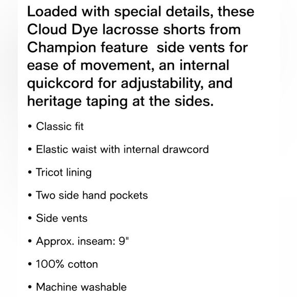 NWT Champion Cloud Dye LaCrosse Shorts 9” Mesh Lined Pockets Athletic Mens M - Picture 3 of 3